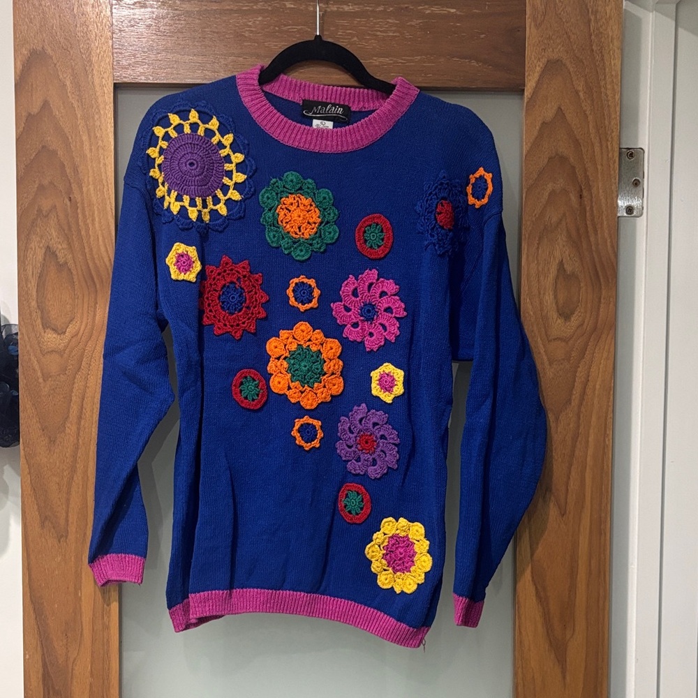 Vintage Blue Knit Sweater with Multicolor Crochet Flowers